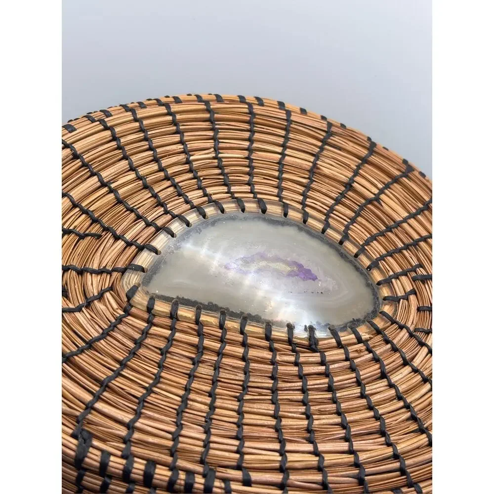 Handmade Pine Needle Basket Featuring a Polished Purple Agate Stone Center Base